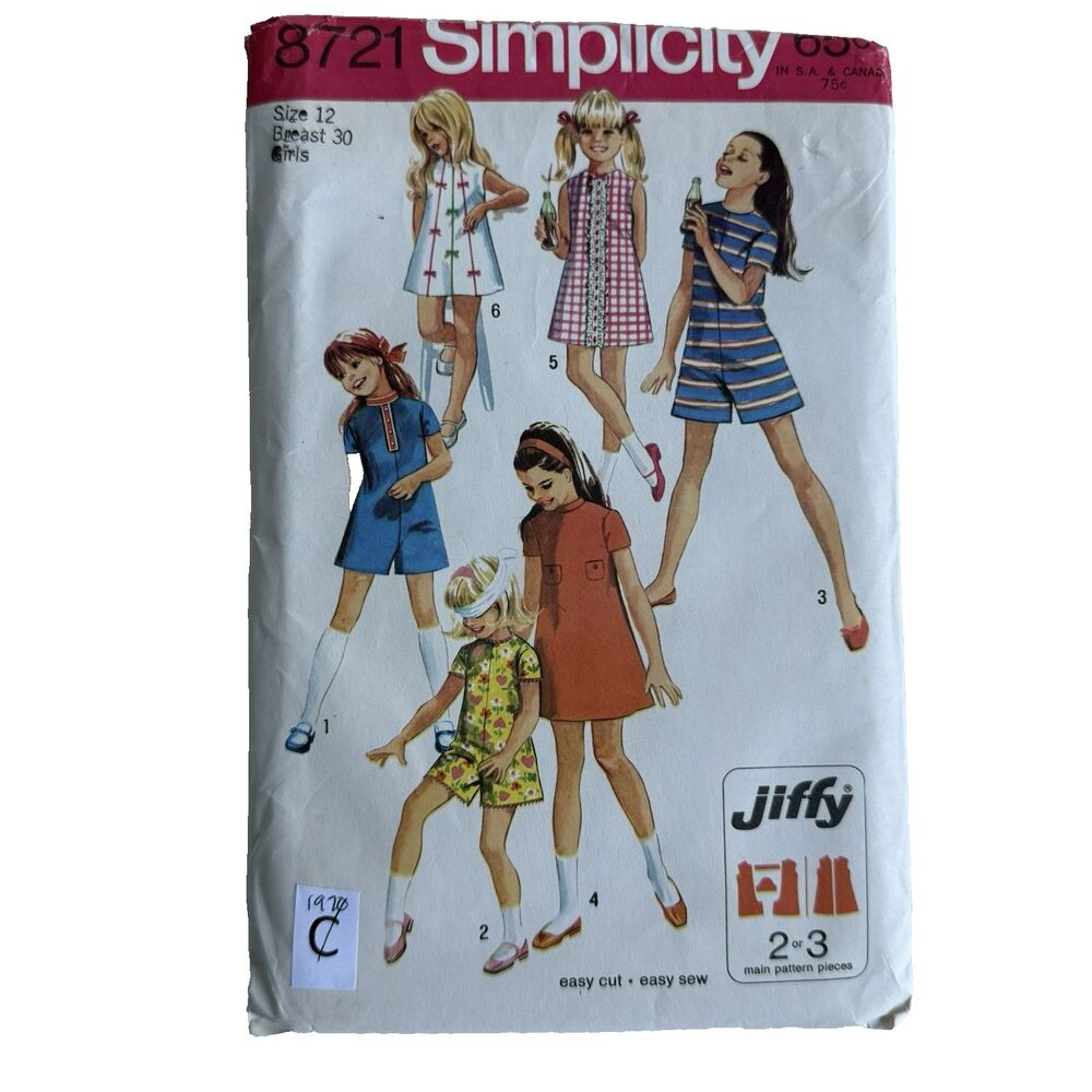 Vtg 70s Simplicity 8721 Girl's Dress & Short Jumper Jiffy EASY Pattern Sz 12 B30